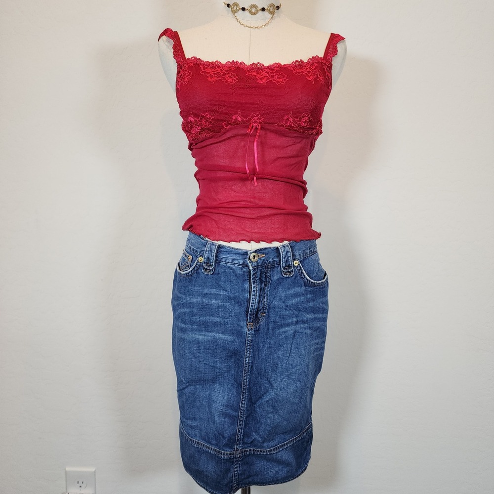 Gilligan O'Malley‎ Intimates Red Lace Trim Tank Top Bow Detail Mesh Y2K Style